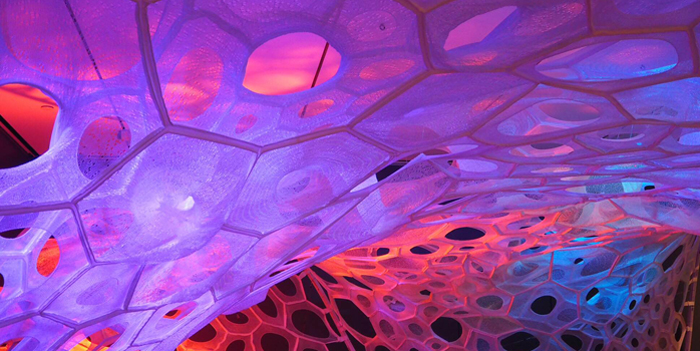PolyThread knitted textile pavilion, 2015-16; Designed by Jenny E. Sabin, Jenny Sabin Studio; Design Team: Martin Miller, Charles Cupples; Fabricated by Shima Seiki, WHOLEGARMENT; Engineering Design by Arup; Fabric finishing by Andrew Dahlgren; 3D seamless Whole Garment digitally knit cone elements, photoluminescent, solar active and drake yarns; twill tape; aluminum armature; Commissioned by Cooper Hewitt, Smithsonian Design Museum